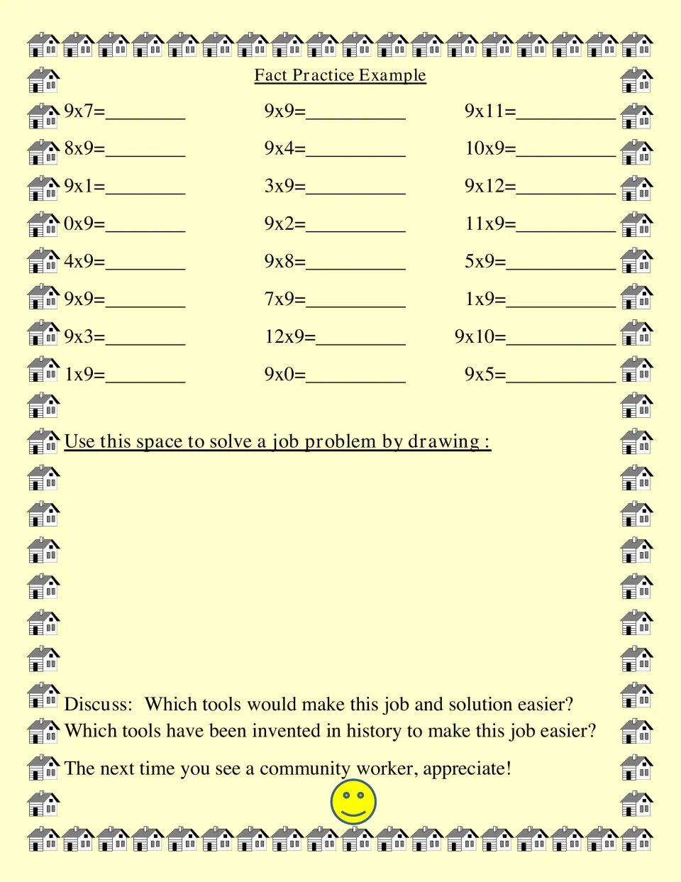 Fact practice sheet featuring 24 multiplication problems using 9, a job-problem drawing task, and tool questions