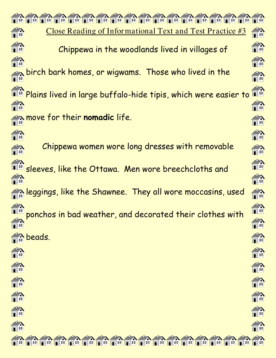 Chippewa reading passage describing woodland wigwams, Plains tipis, and clothing including moccasins and ponchos
