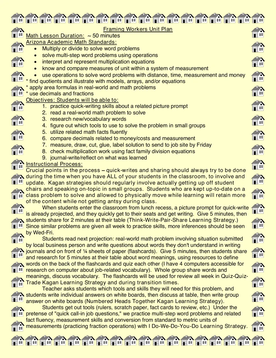 Framing Workers unit plan lists math objectives and a teaching sequence for quick-writes and problem solving