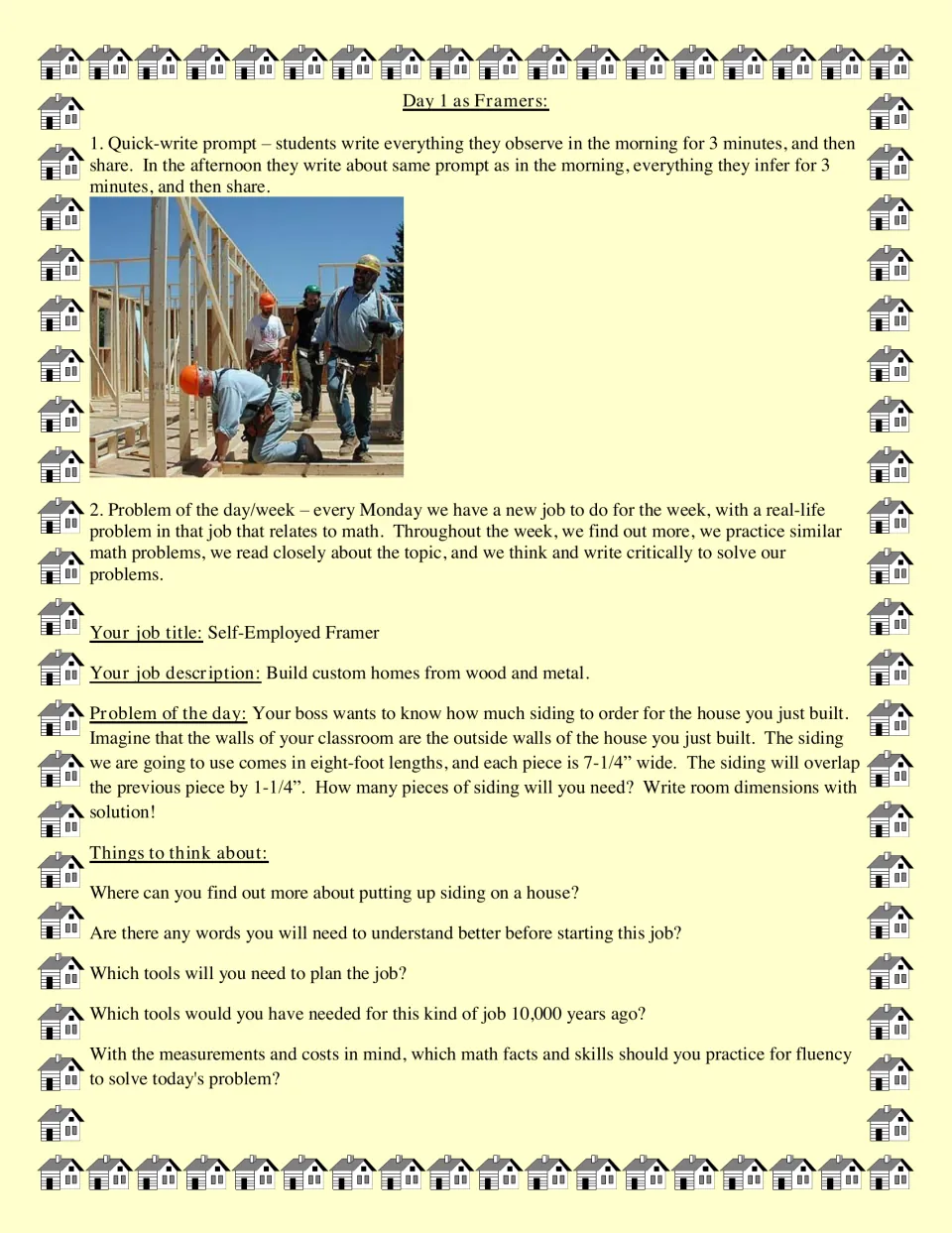 Day 1 lesson uses a framing crew photo for writing and asks how much overlapping siding classroom walls need