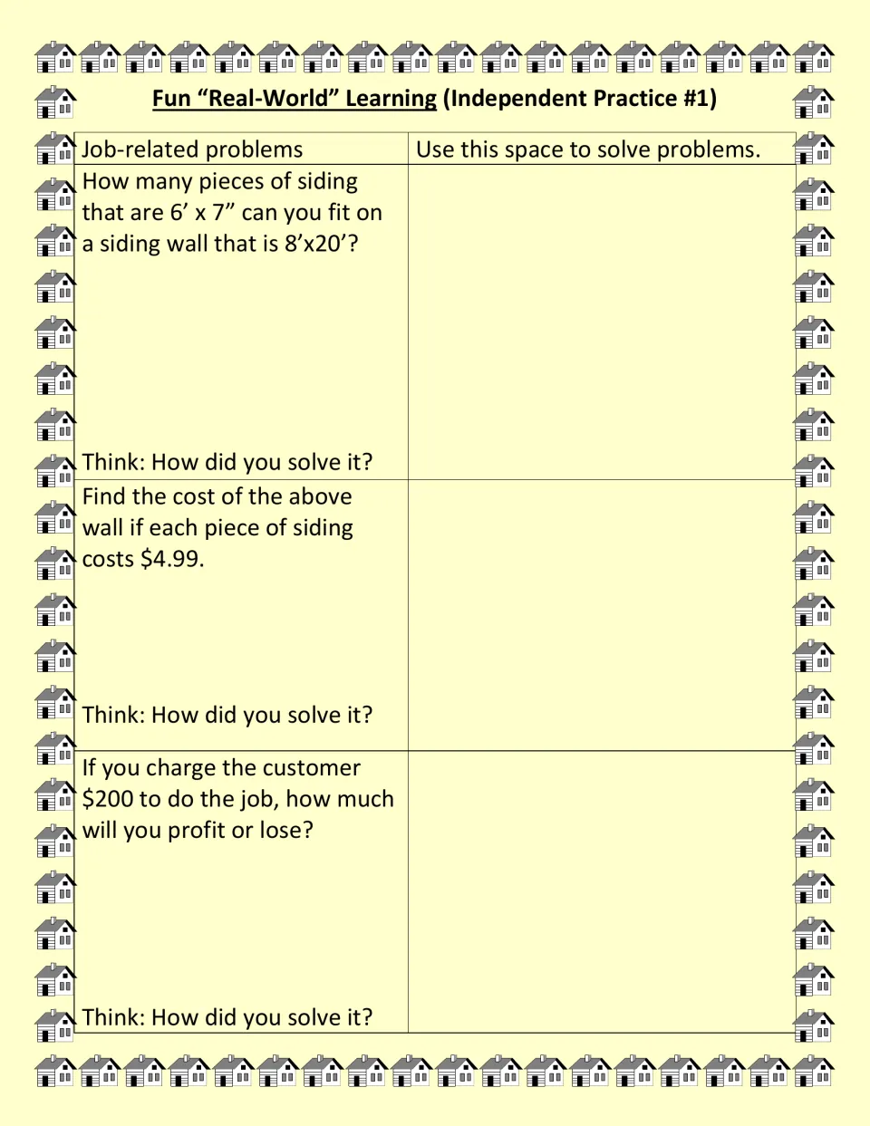 Independent Practice 1 asks about 6-foot by 7-inch siding on an 8-by-20-foot wall, costs, and profit or loss