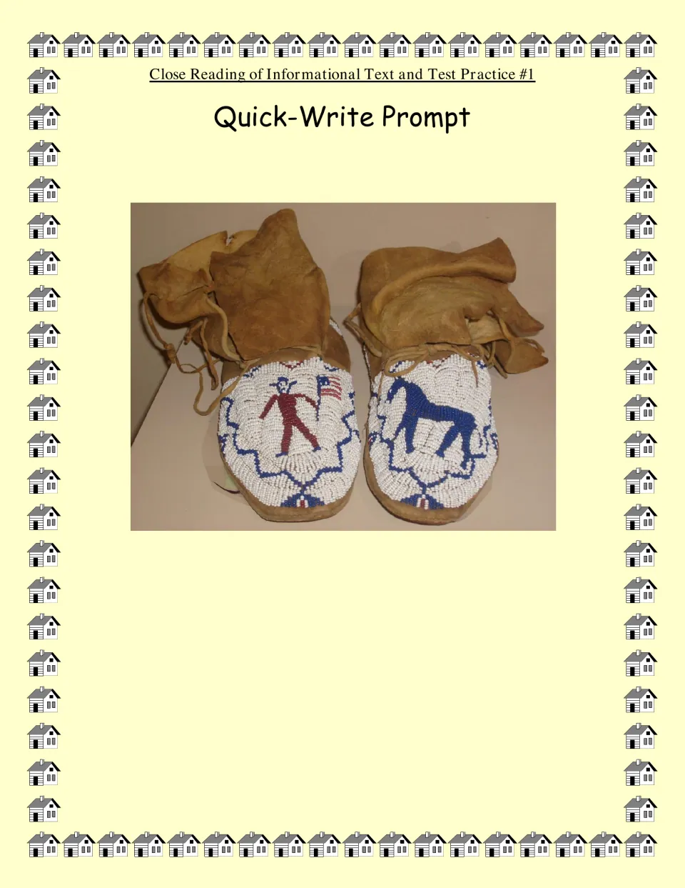 Quick-write prompt for close reading and test practice uses beaded moccasins showing a person and a horse