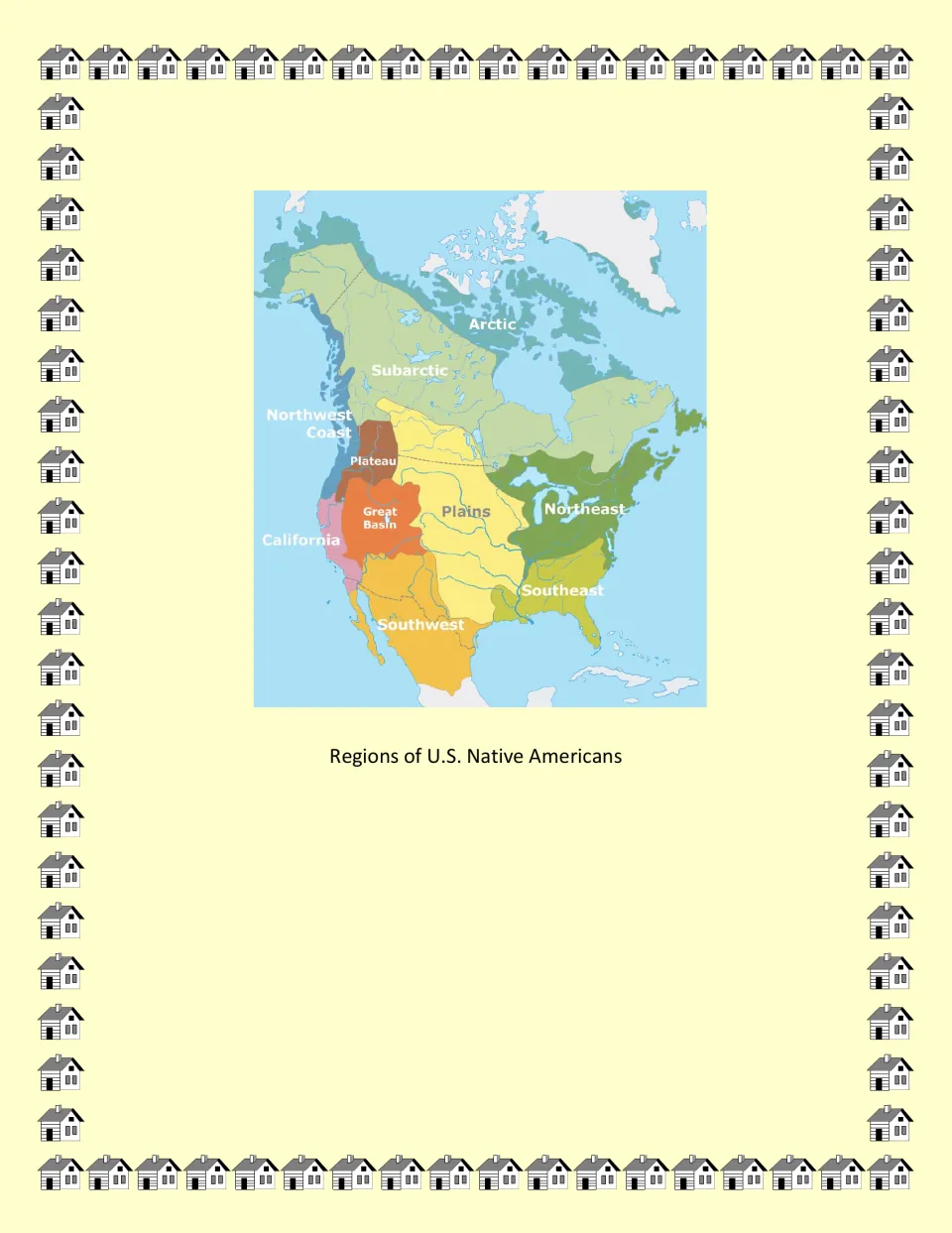 Native American studies reference map labels regions including Arctic, Subarctic, Plains, and Northeast