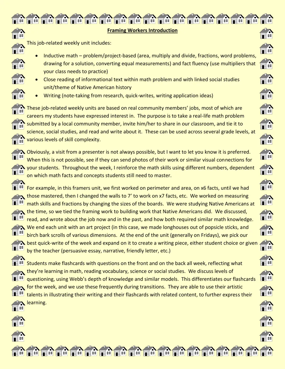 Framing unit introduction explains community job problems, math practice, writing, and history connections