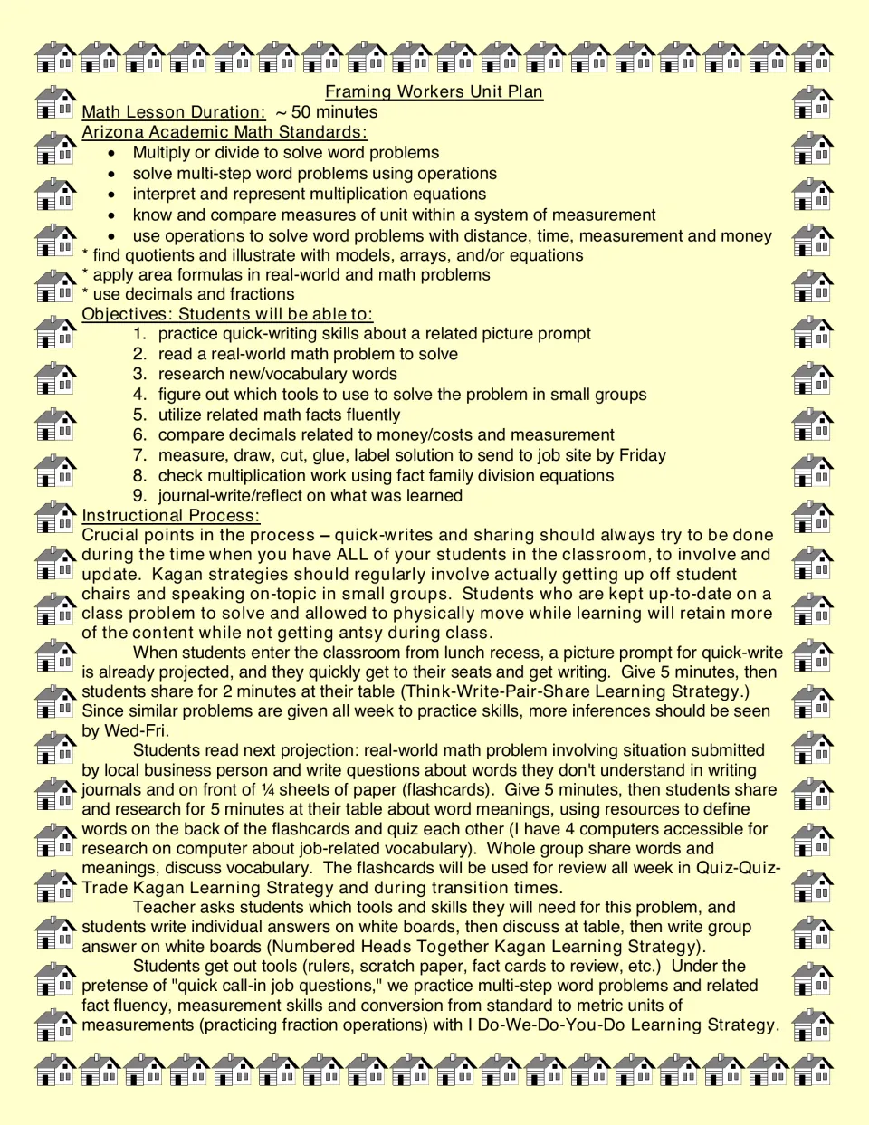 Framing unit plan lists math skills, nine objectives, and steps for quick-writes and vocabulary research