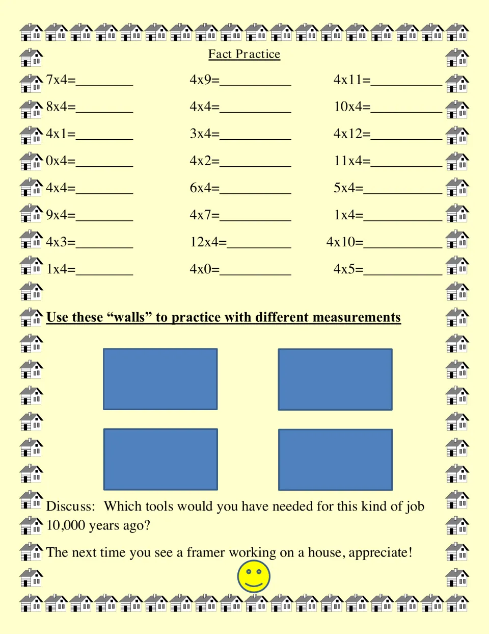 Fact practice includes 24 multiplication-by-4 problems and four wall shapes for measurement practice