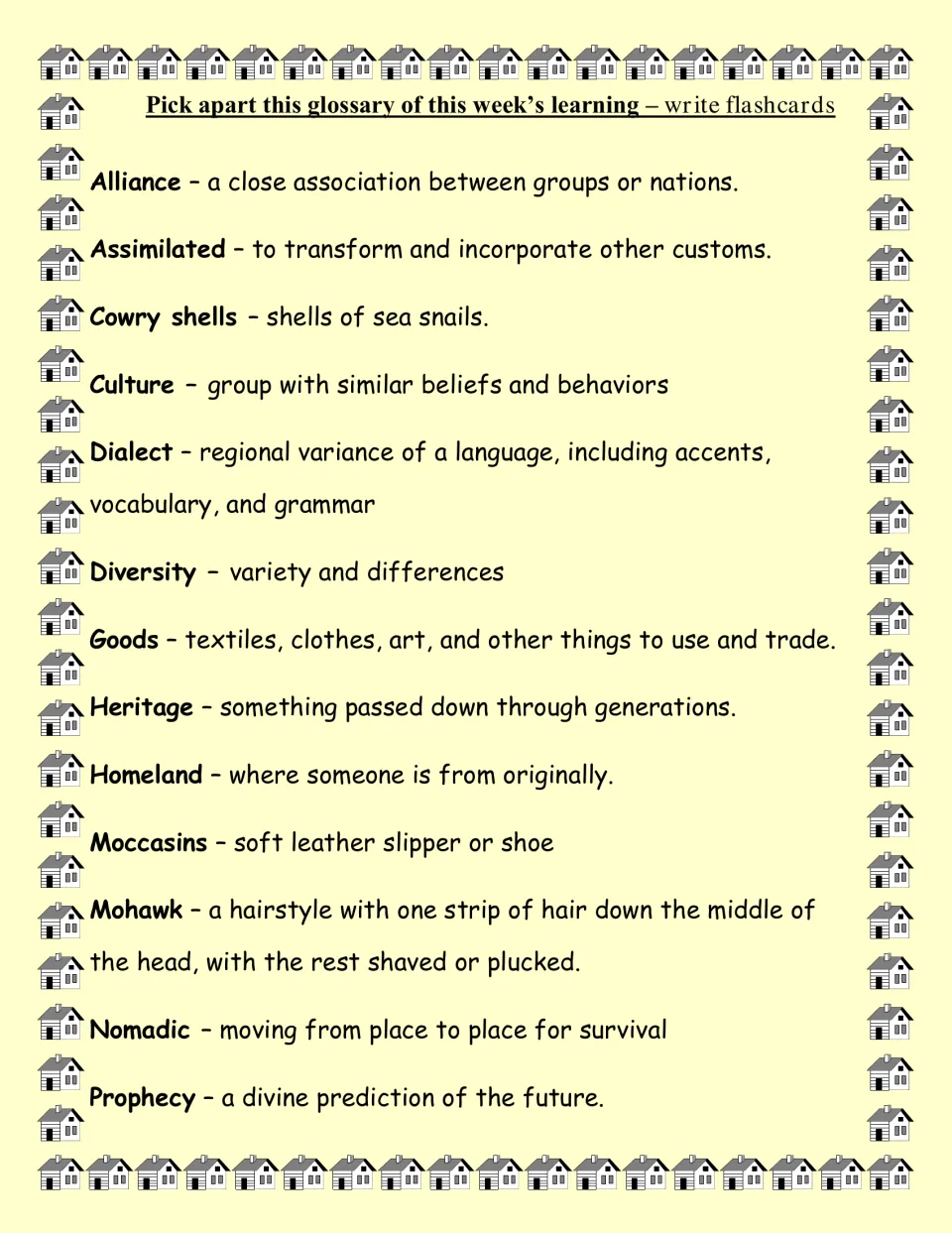 First glossary page defines 13 terms, including alliance, culture, dialect, heritage, and nomadic