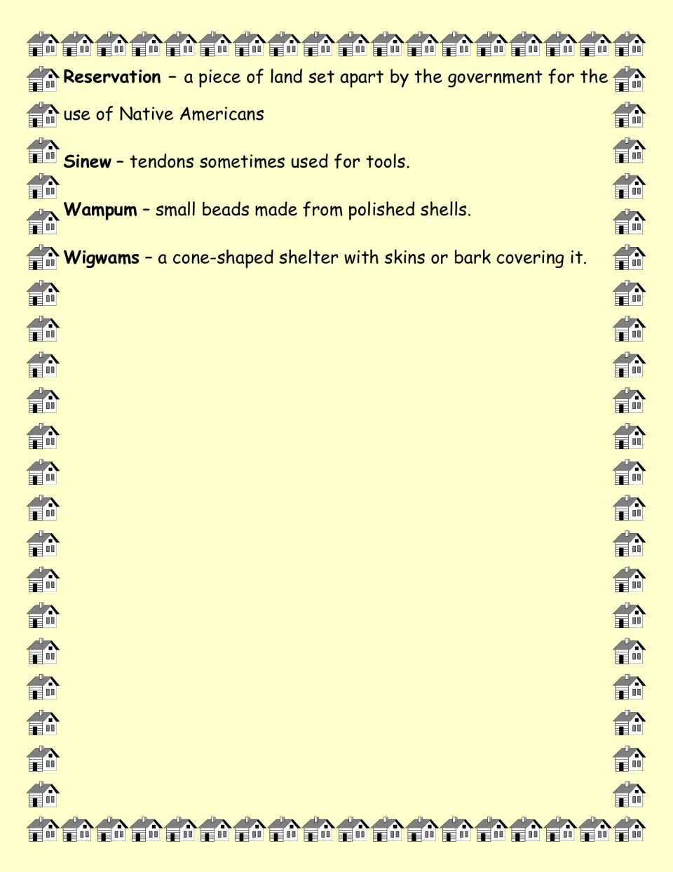 Final glossary page supplies definitions for reservation, sinew, wampum, and wigwams for weekly flashcards