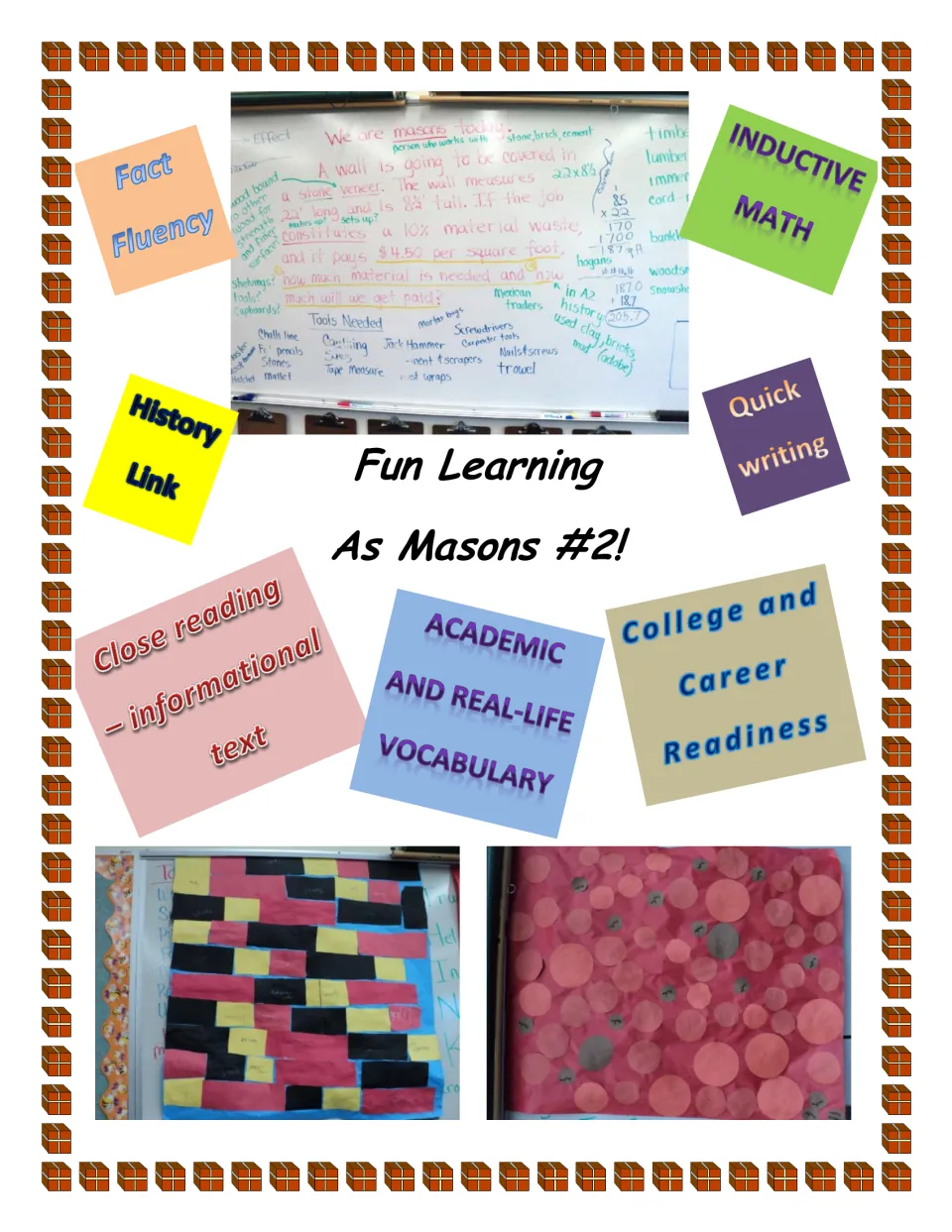 Masonry lesson cover highlighting fact fluency, inductive math, quick writing, history, and vocabulary