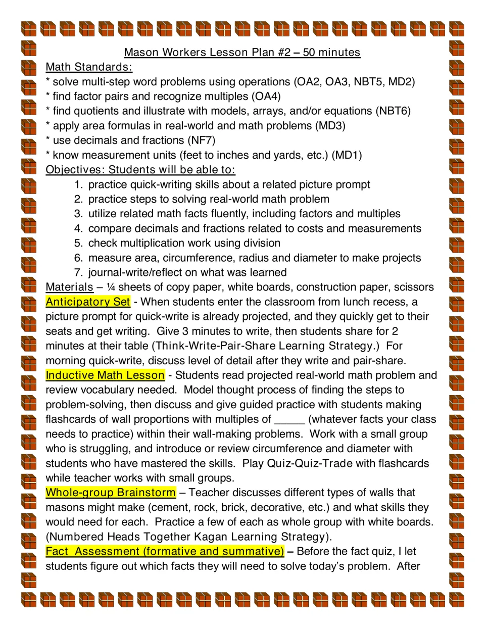 First lesson plan page lists math objectives, materials, a picture quick-write, and inductive math practice
