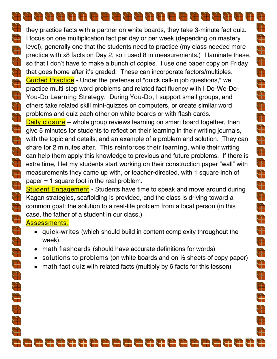 Lesson plan continuation covers fact quizzes, guided word problems, journal reflection, and assessments