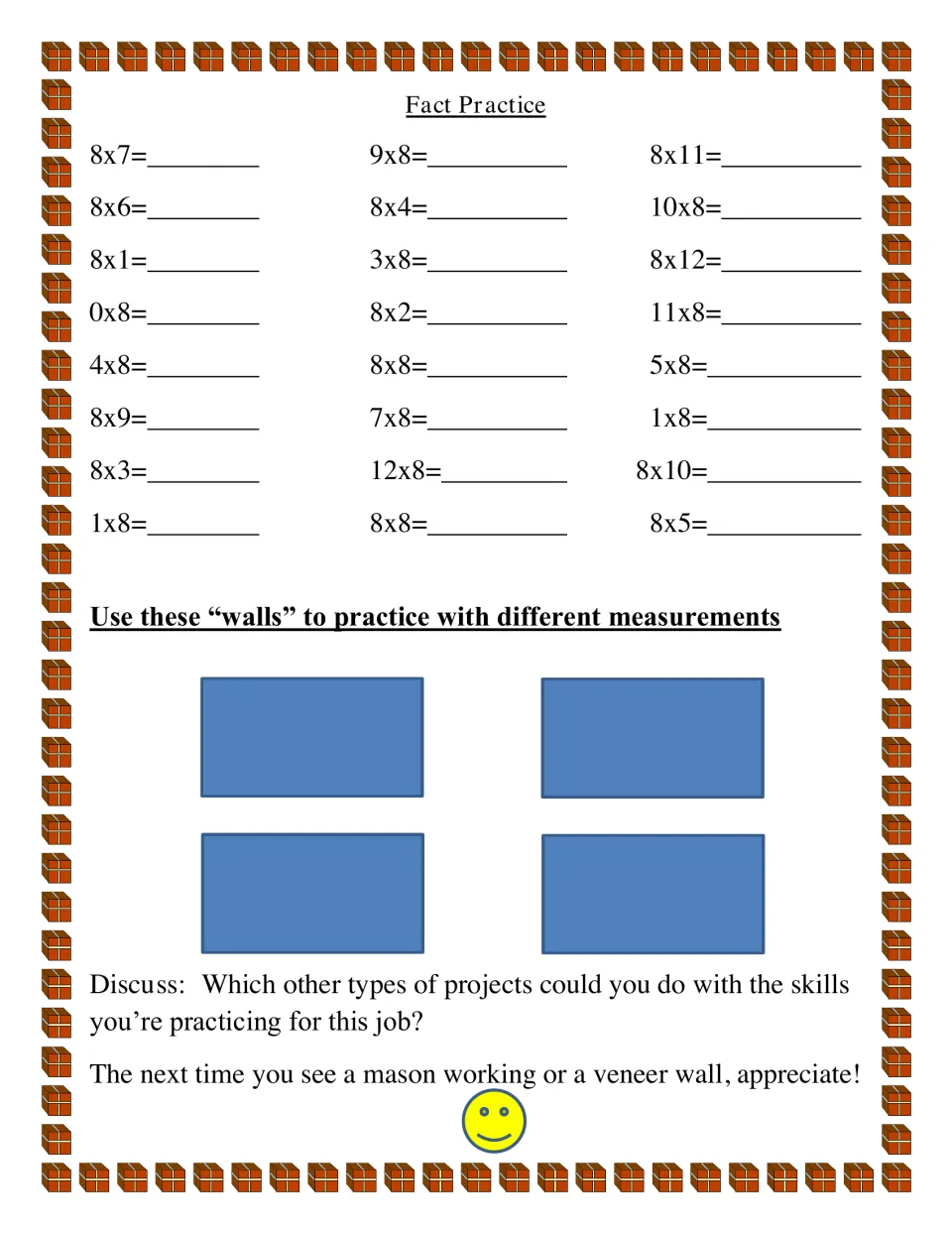 Fact practice includes 24 multiplication problems using 8 and four wall shapes for measurement practice