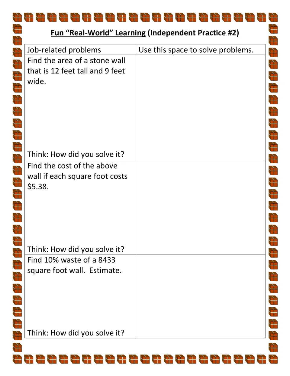 Independent practice asks for a 12-by-9-foot wall's area, its cost at $5.38 per square foot, and 10% of 8,433