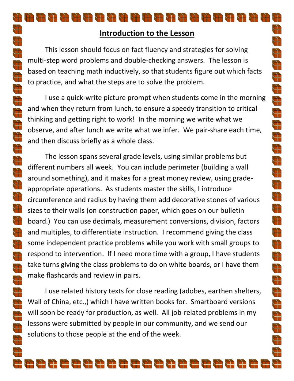 Teacher introduction explaining masonry word problems, quick-write routines, and differentiated math practice
