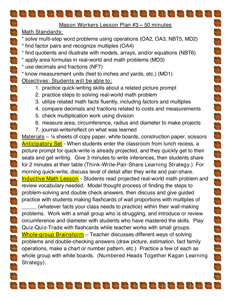 First lesson-plan page listing math standards, seven objectives, materials, and inductive teaching steps