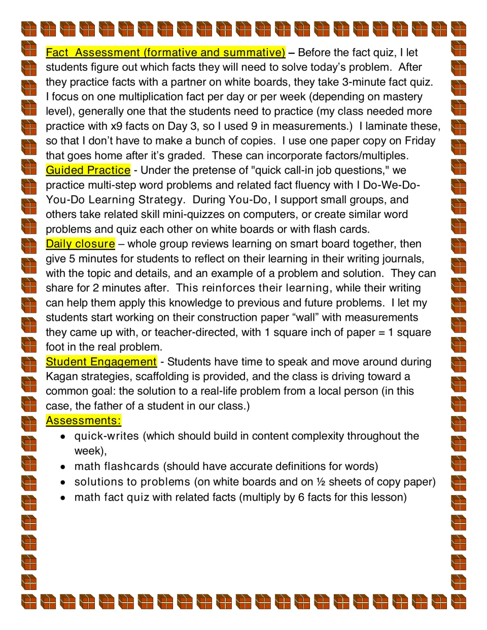 Second lesson-plan page covering fact quizzes, guided practice, daily reflection, and student assessments