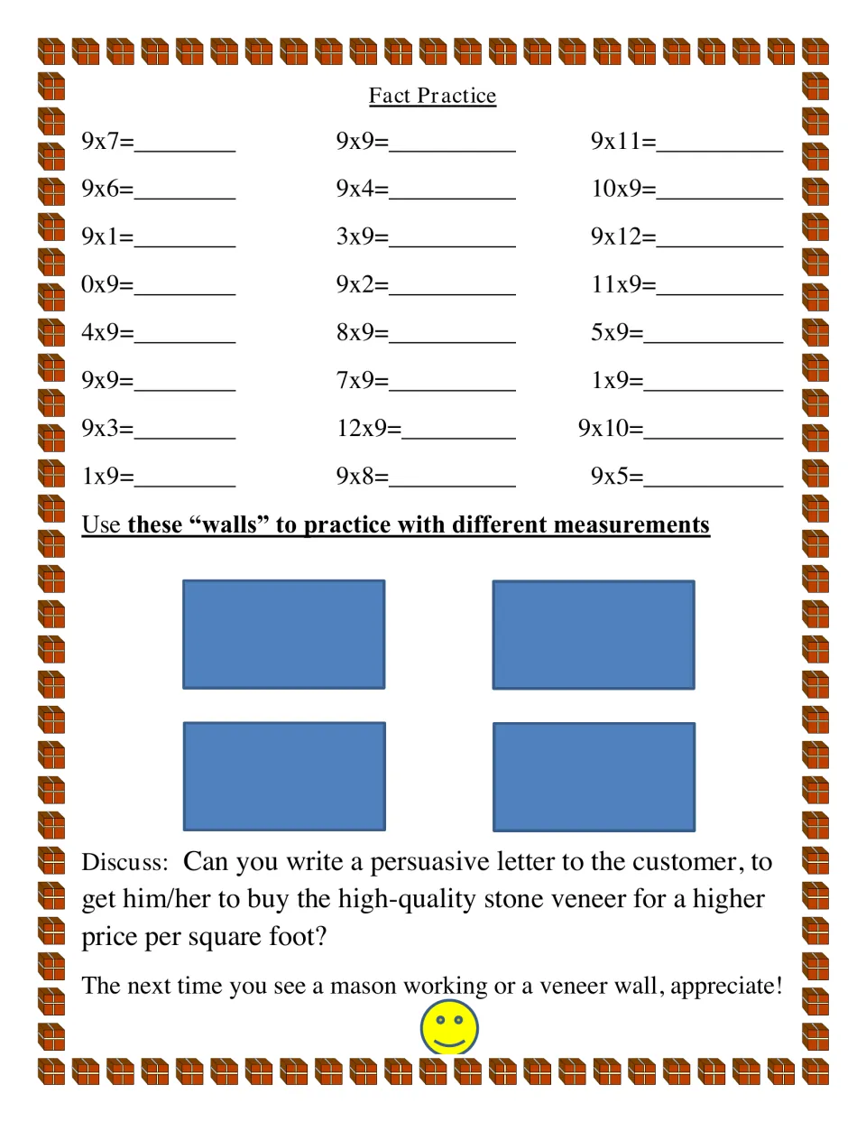 Fact practice sheet featuring 24 multiplication problems using 9, four practice walls, and a persuasion prompt