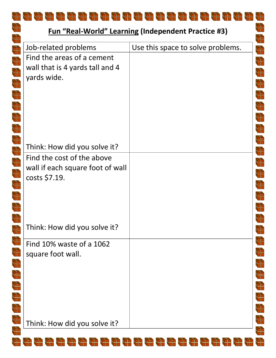 Independent practice asks for a 4-yard-square wall's area, cost at $7.19 per square foot, and waste on 1062 sq ft