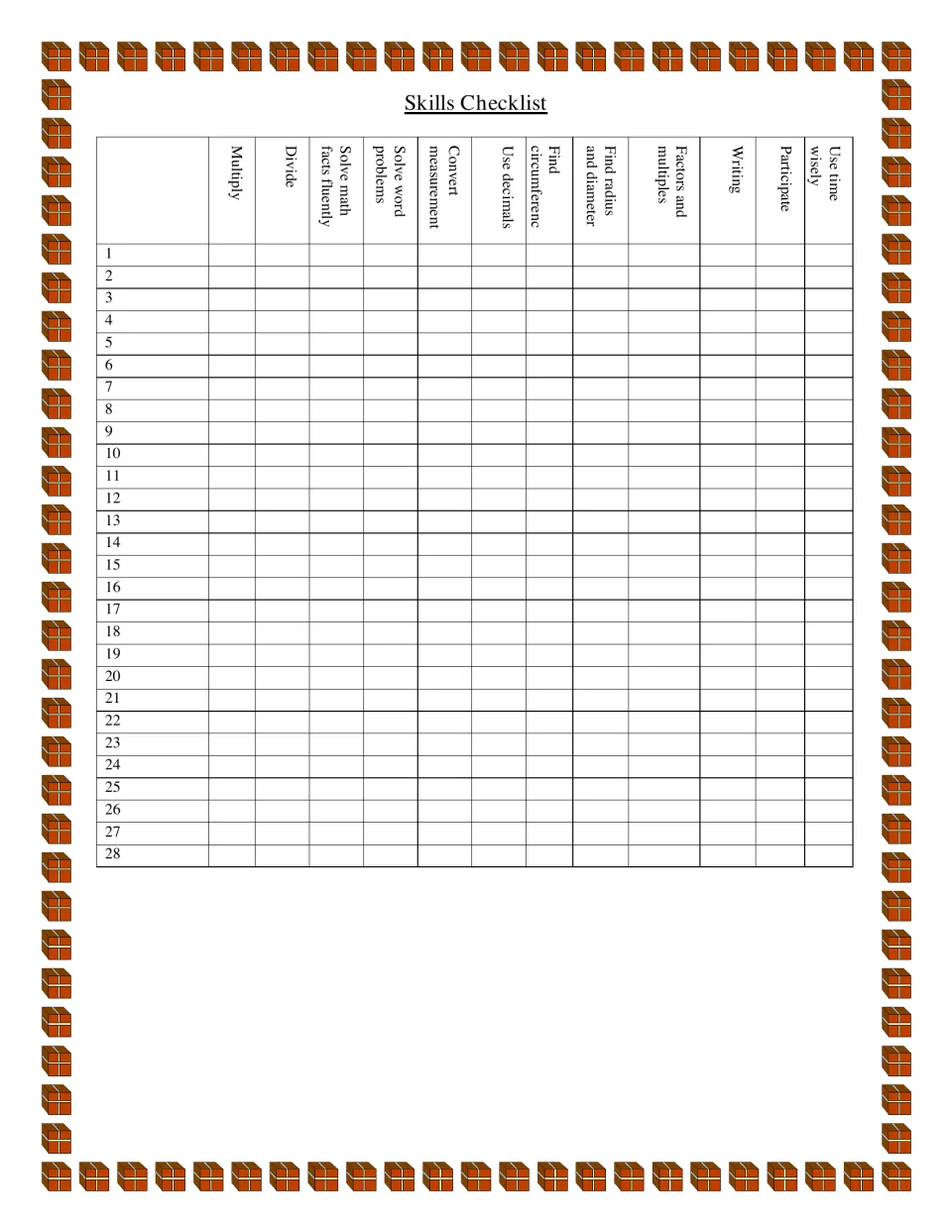Skills checklist for 28 students tracks multiplication, division, measurement, writing, and participation