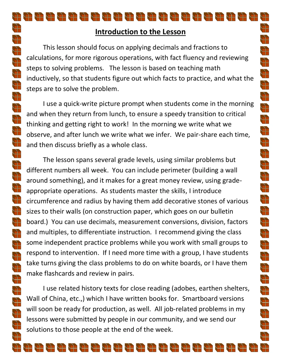 Lesson introduction explains masonry math, observation and inference quick-writes, and history reading.