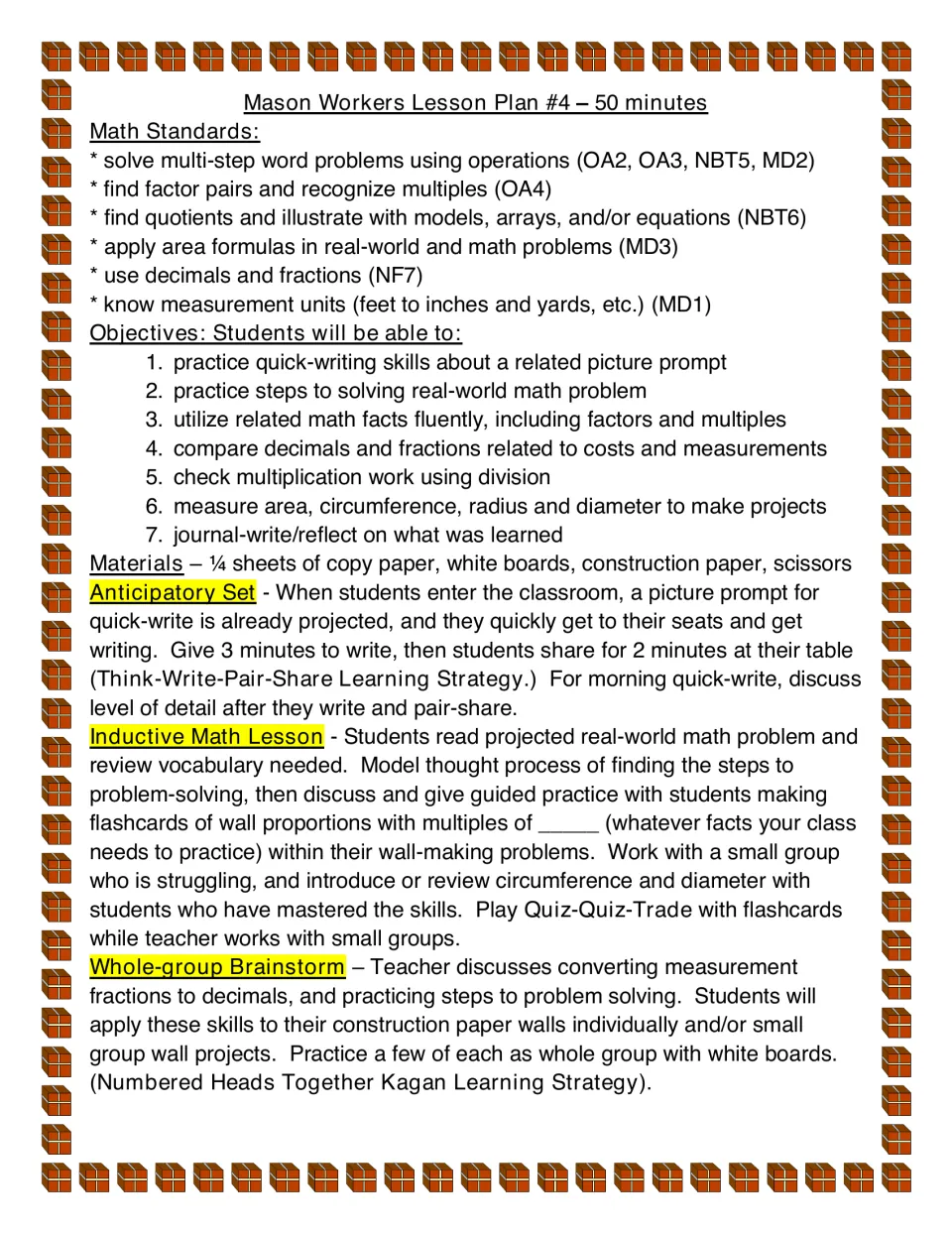 First lesson plan page lists math objectives, materials, a picture quick-write, and inductive math steps.