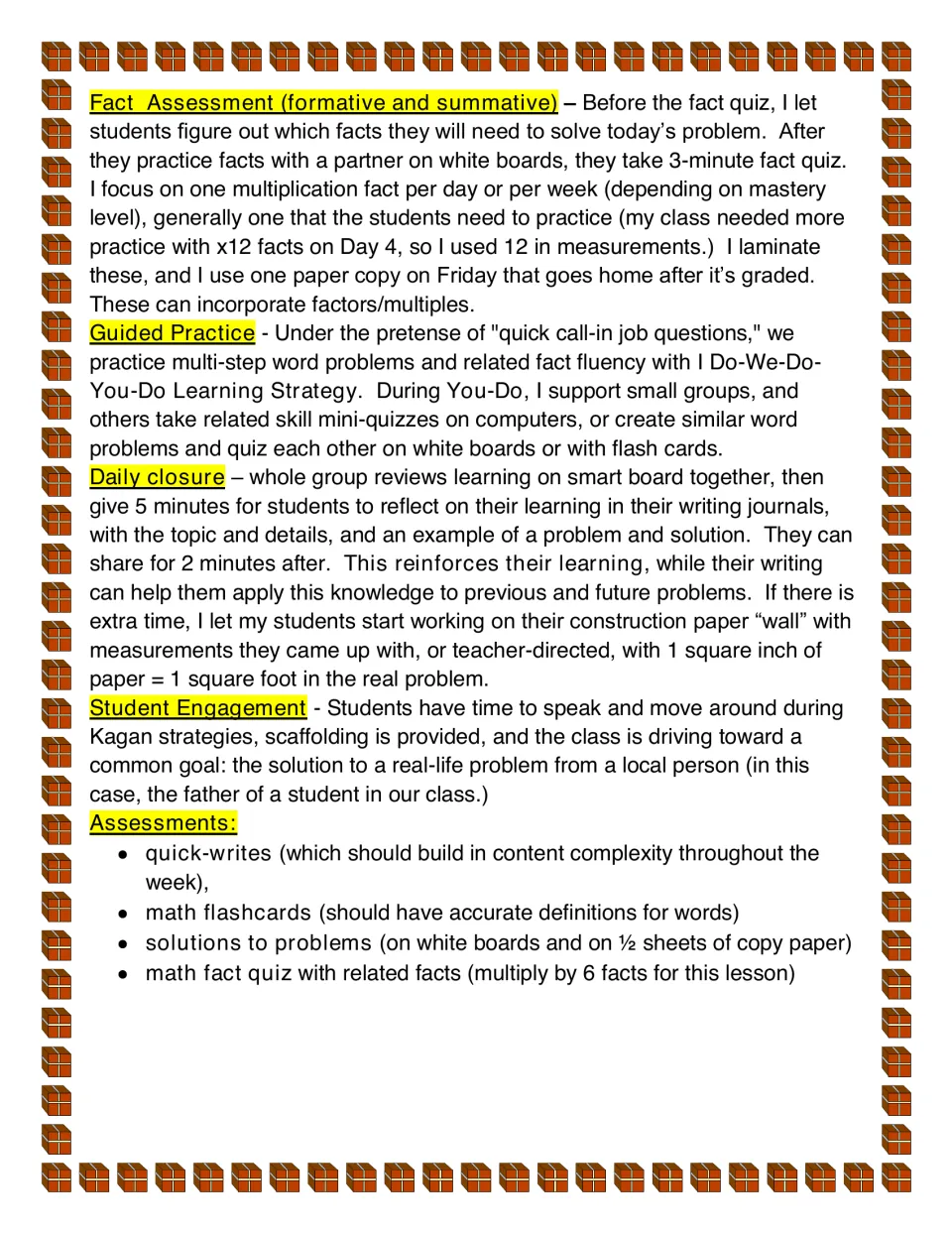 Second lesson plan page covers fact assessment, guided practice, journal reflection, and student engagement.