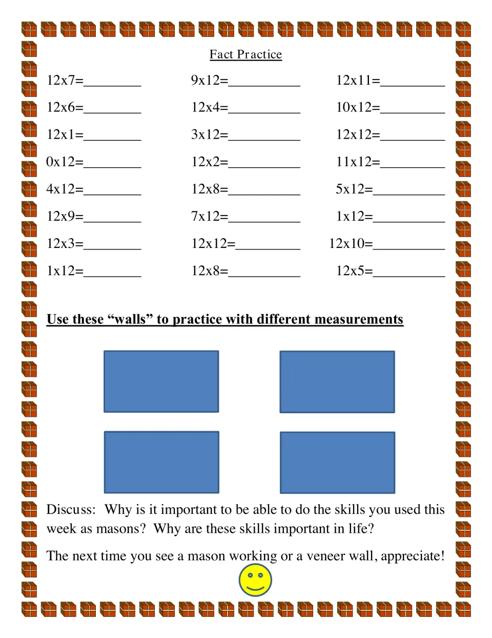 Fact practice includes 24 multiplication problems using 12, four practice walls, and a skills discussion.