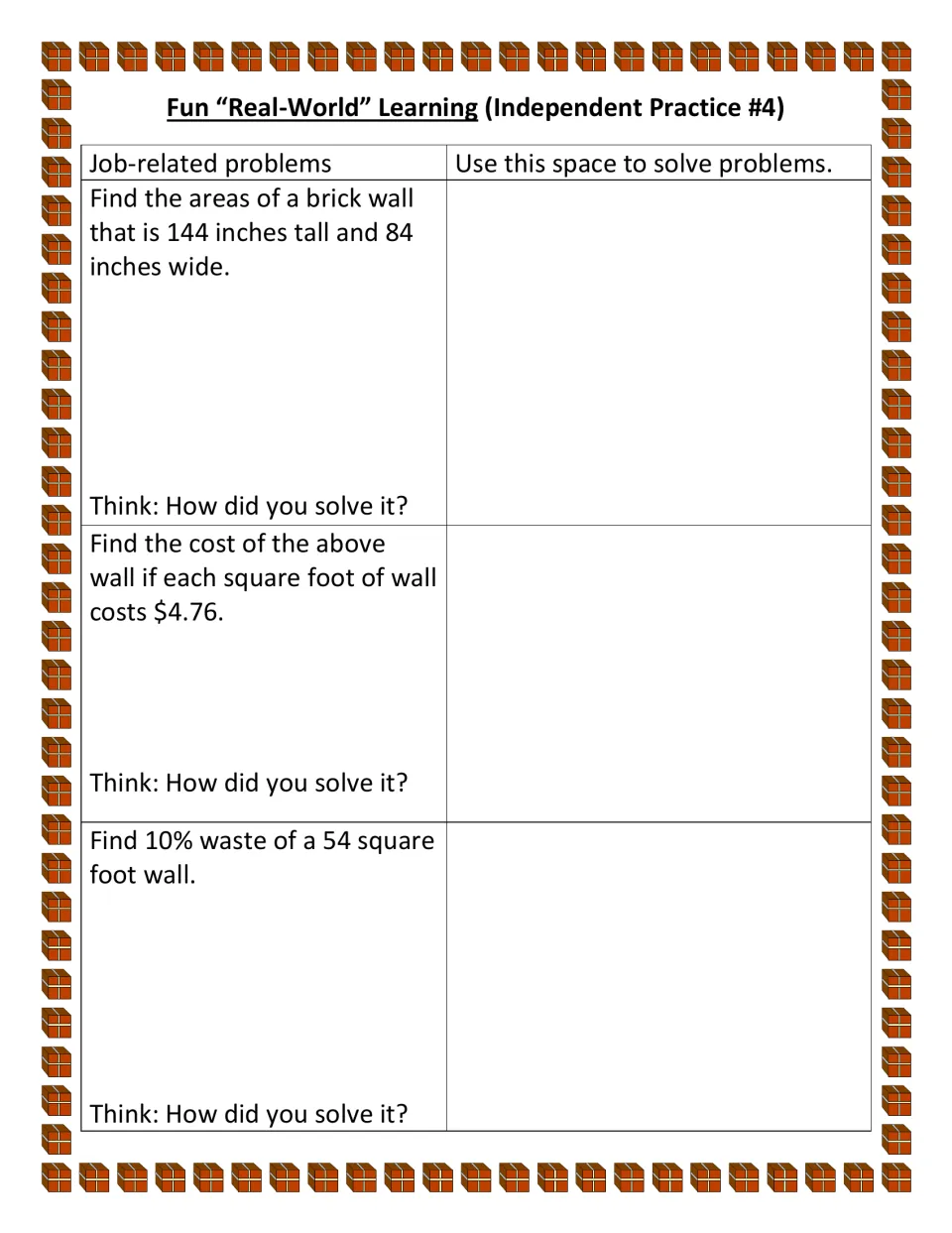 Independent practice asks for a 144-by-84-inch wall's area, its cost at $4.76 per square foot, and waste.