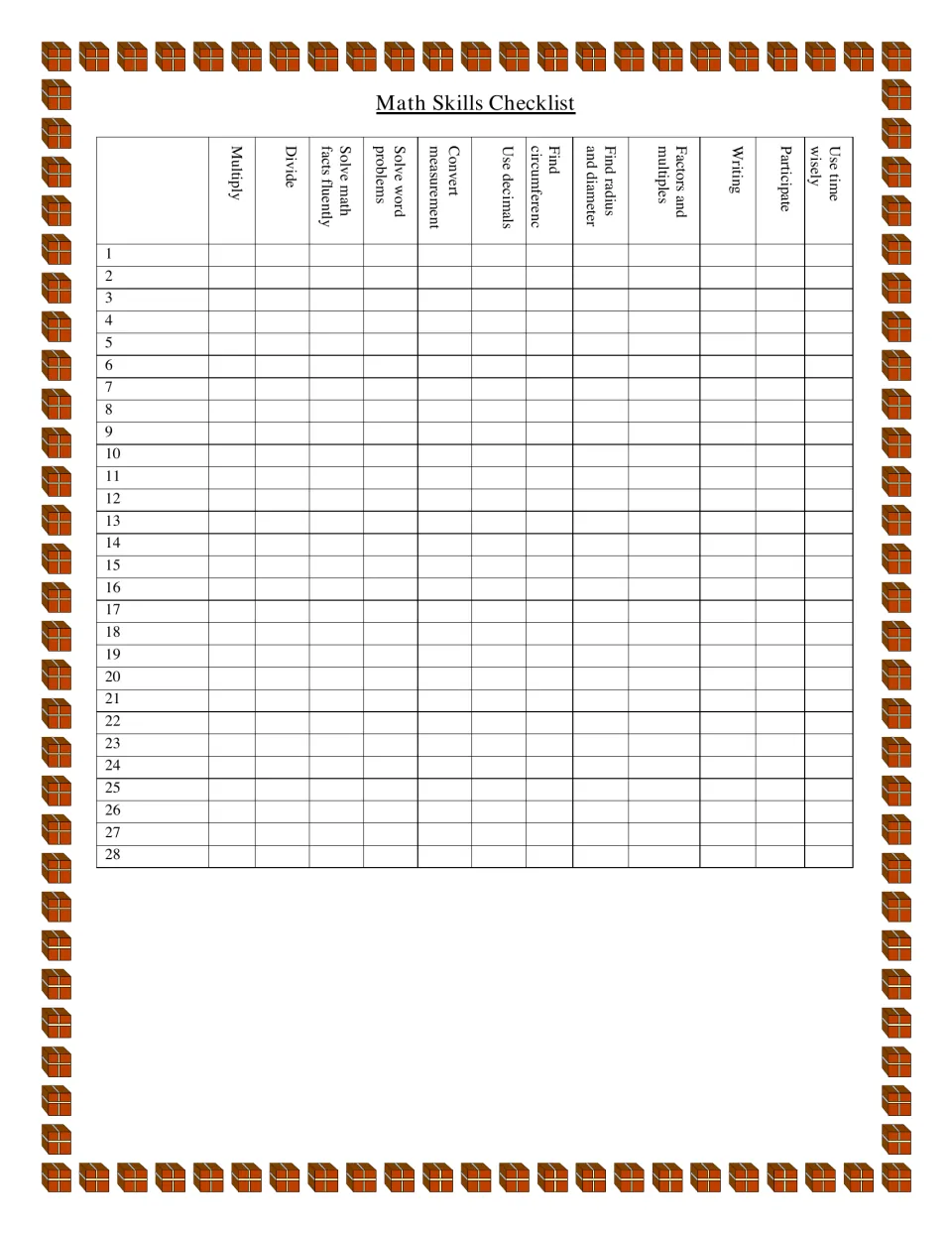 Math skills checklist for 28 students tracks multiplication, division, measurement, decimals, and more.