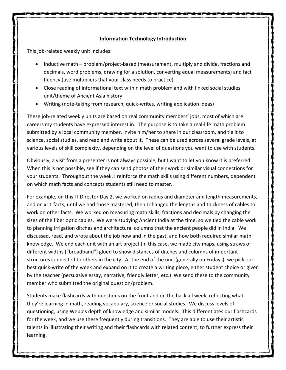 IT lesson introduction explaining job-based math, informational reading, writing, and Ancient India connections