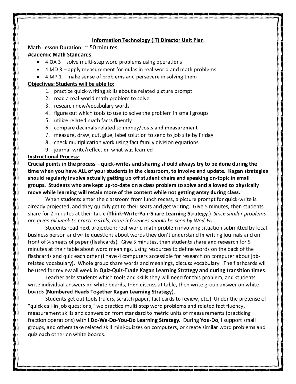 IT director unit plan listing a 50-minute math lesson, standards, nine objectives, and instructional steps