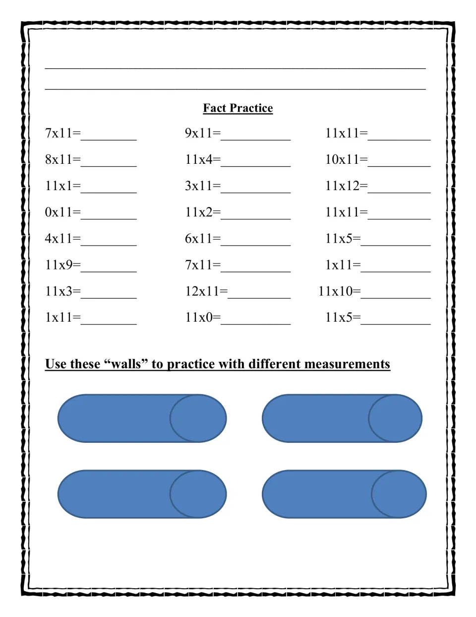 Fact practice sheet featuring 24 multiplication problems using 11 and four shapes for measurement practice