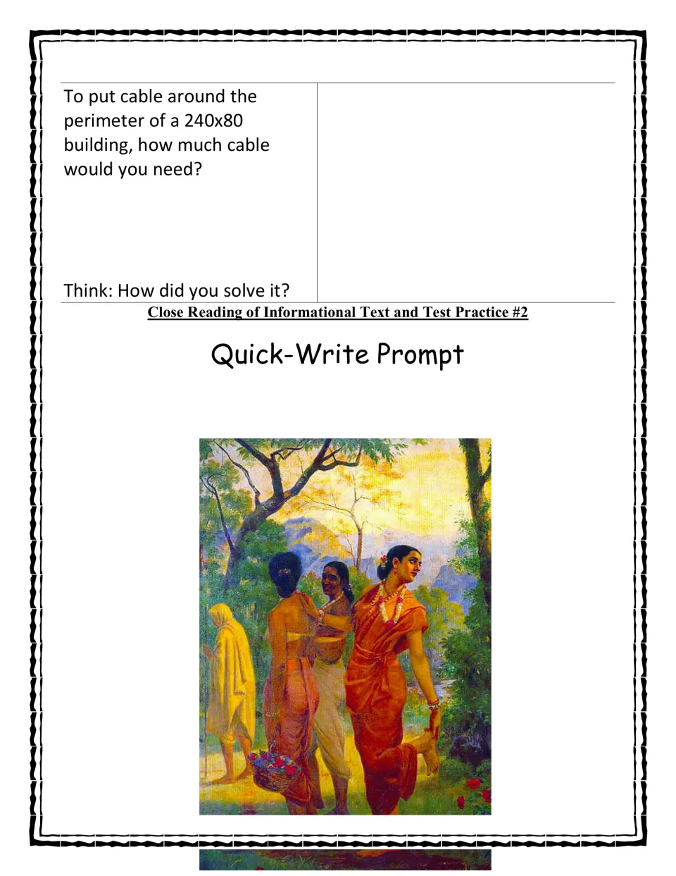Practice continuation asks for a 240-by-80 building's perimeter, followed by a painting quick-write prompt