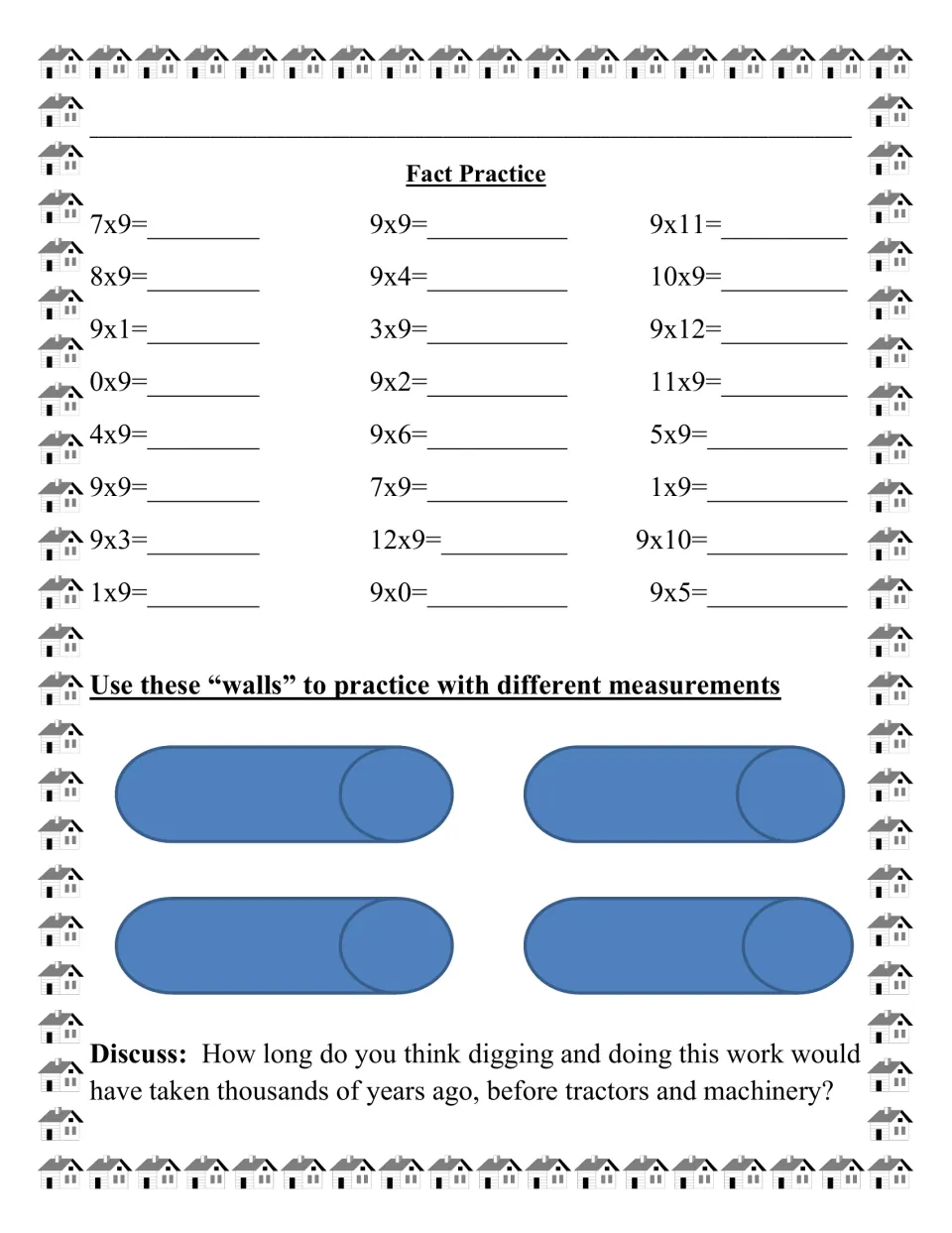 Fact practice sheet with 24 multiplication facts using 9, measurement figures, and a digging discussion