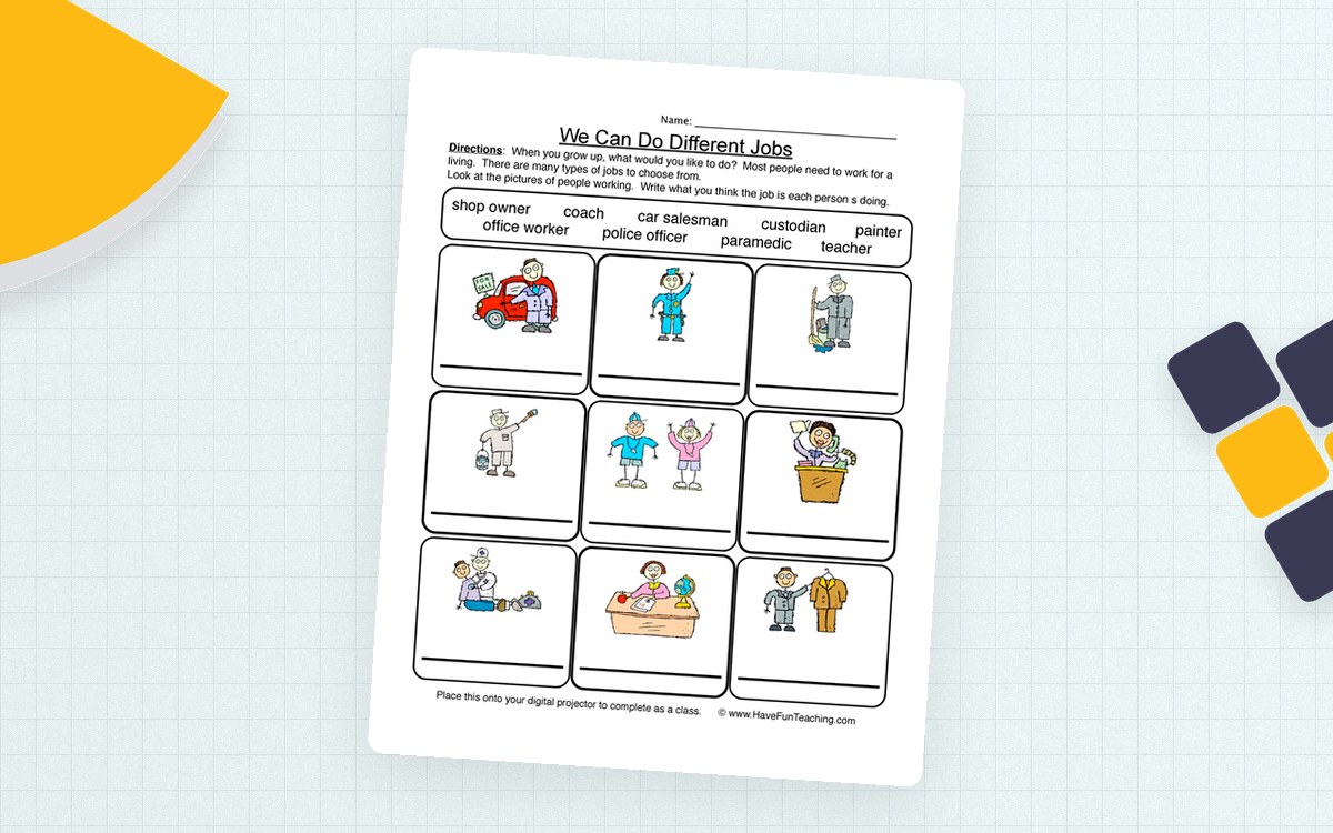 Careers Worksheet preview: A one-page set of people-at-work pictures