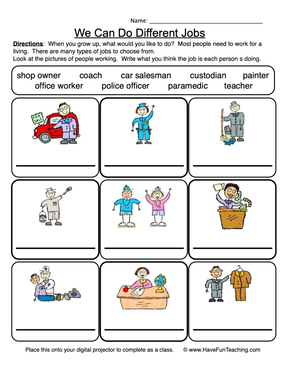 We Can Do Different Jobs: students name the job in 9 pictures using a word bank, such as coach, custodian and paramedic