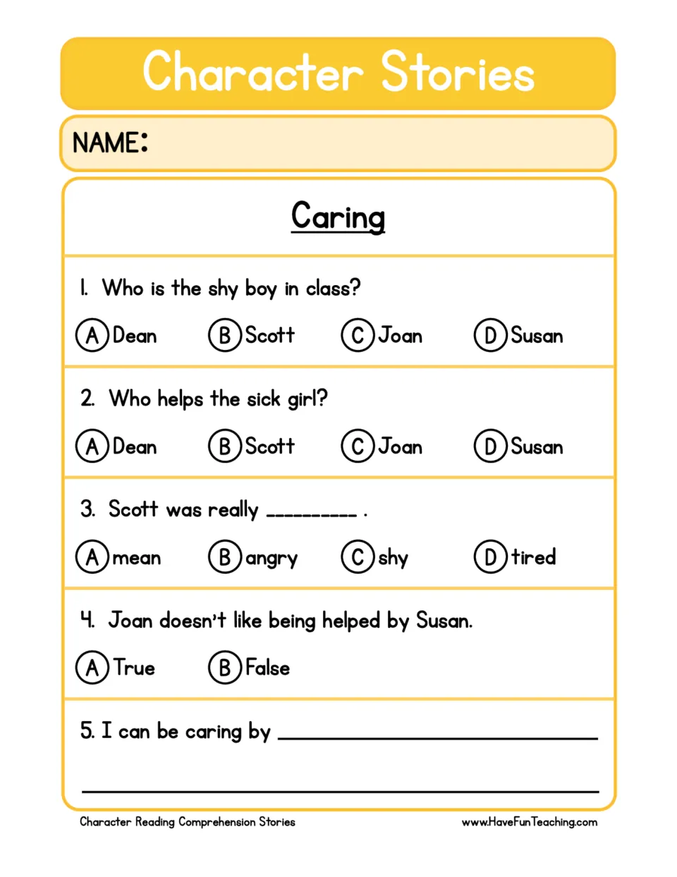 Five comprehension questions about Scott, Susan, and Joan, plus the prompt 'I can be caring by'.