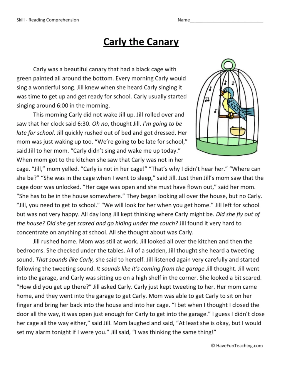 Reading passage about Jill searching for her missing pet canary and finding her on a shelf in the garage.