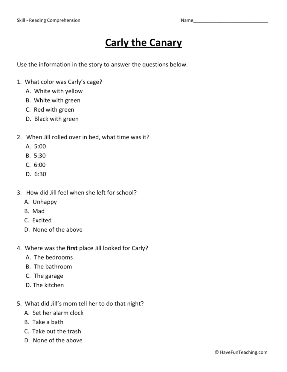 Five multiple-choice questions about the cage color, Jill's wake-up time, feelings, search, and mom's advice.