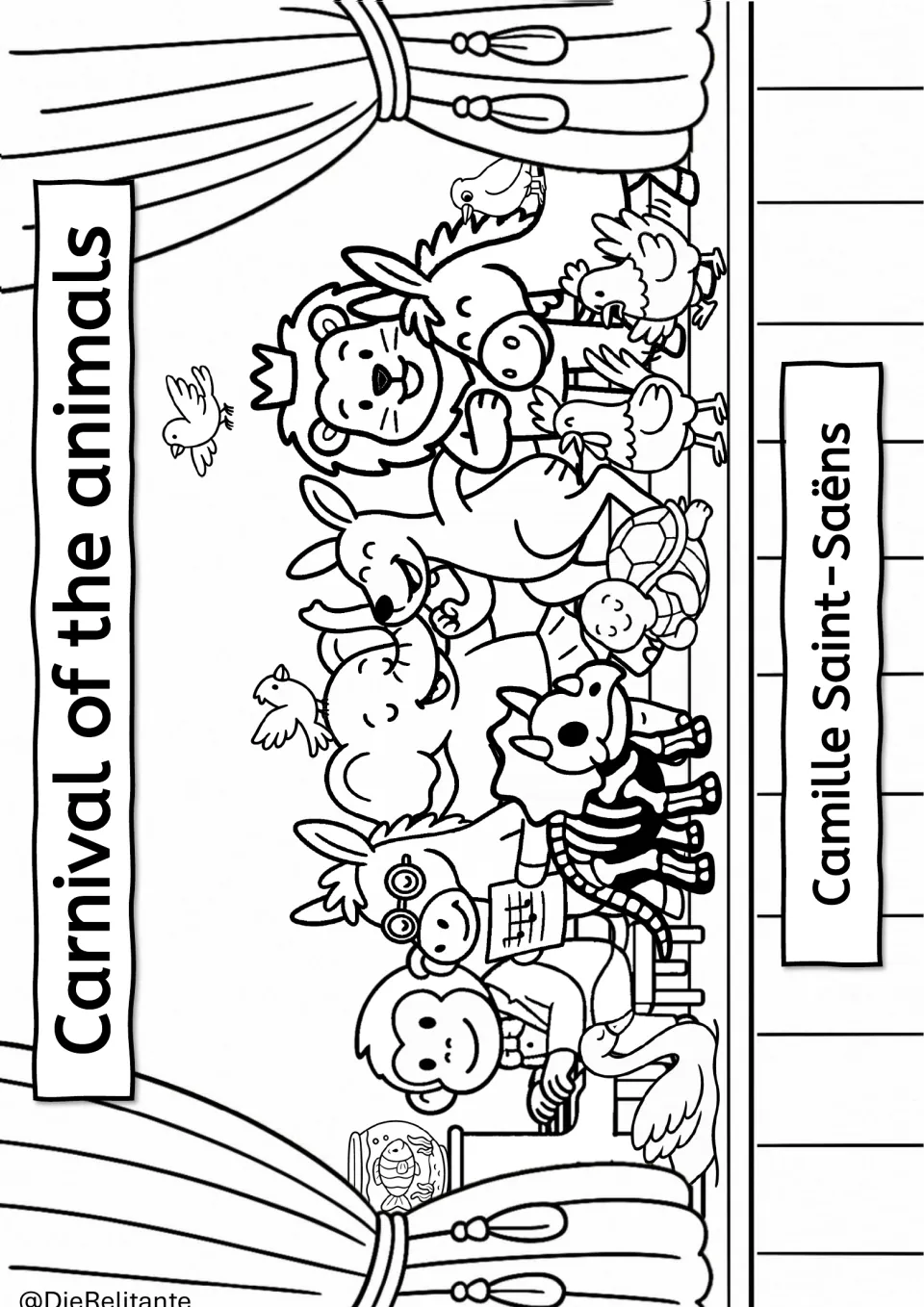 Saint-Saëns group scene to color: lion, elephant, kangaroo, tortoise, hens, donkey, fossil skeleton, fish and swan