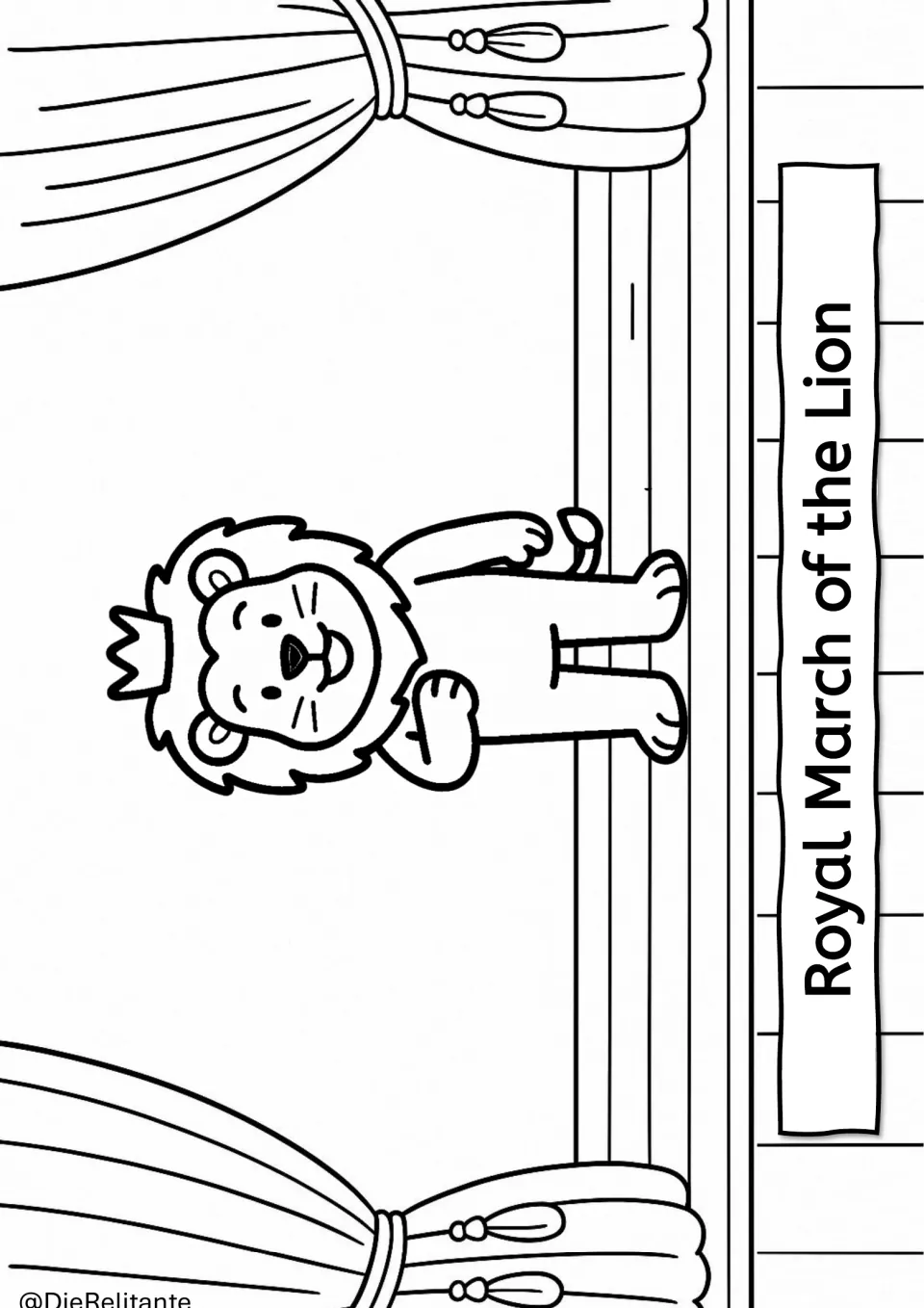 Royal March of the Lion coloring page: a smiling crowned lion stands on a curtained stage, ready to color