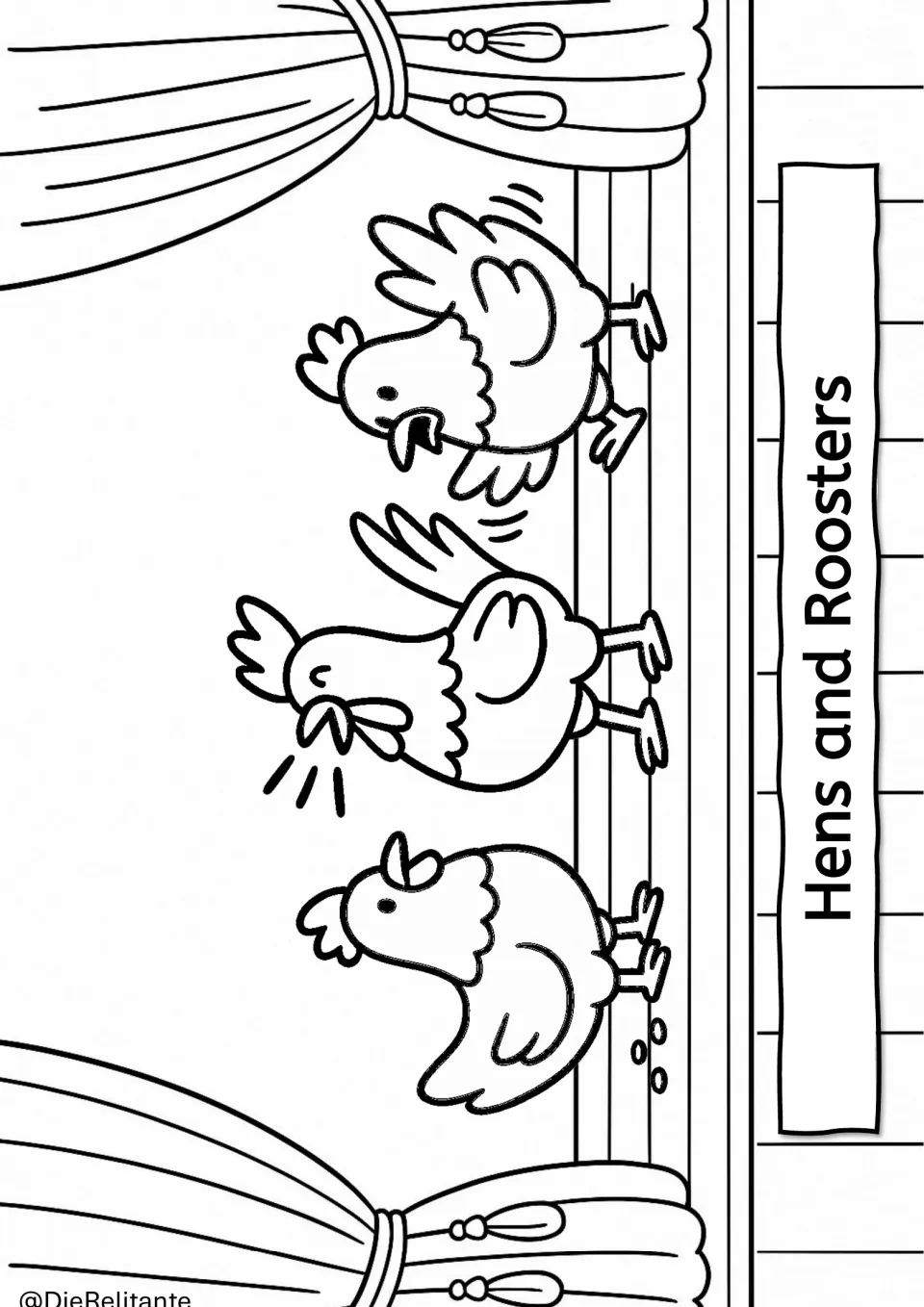 Hens and Roosters coloring page: three cartoon chickens cluck, flap and peck at grain across the stage