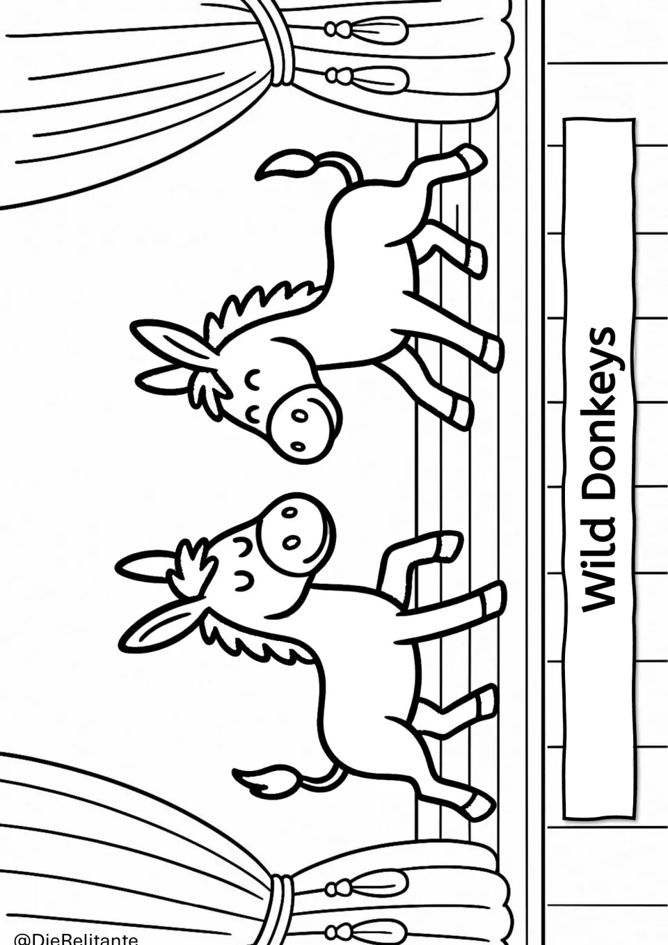 Wild Donkeys coloring page: two cartoon donkeys trot toward each other on stage, outlined for students to color