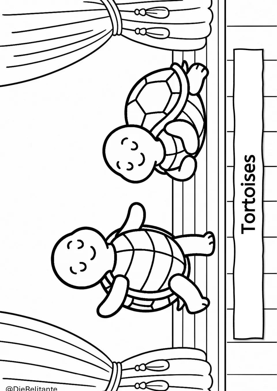 Tortoises coloring page: two smiling cartoon tortoises walk across the stage for students to color
