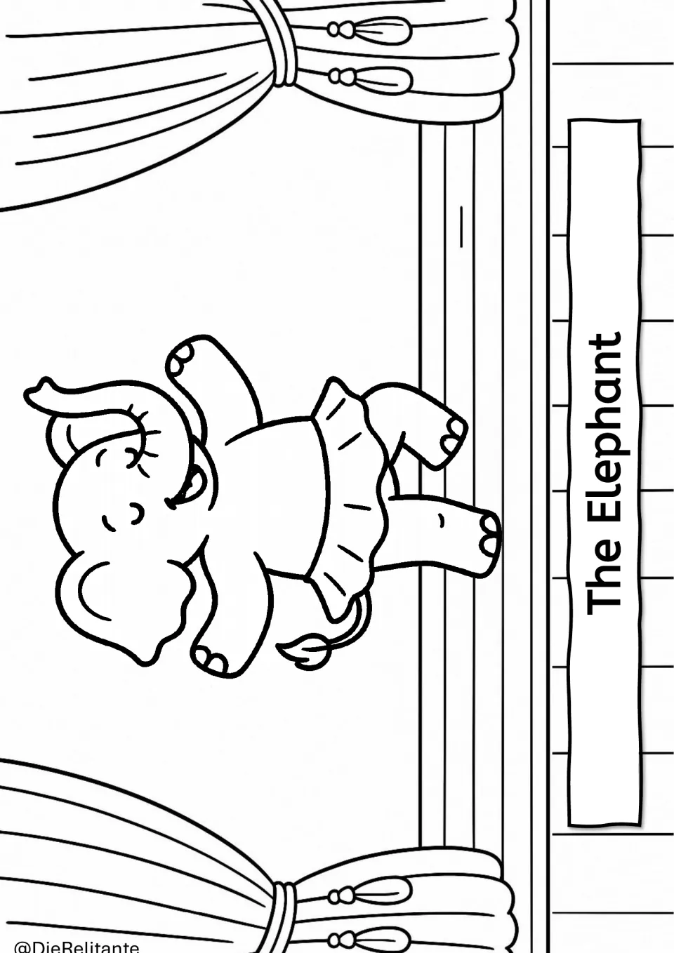 The Elephant coloring page: a cartoon elephant in a tutu dances on one foot, trunk raised, for students to color
