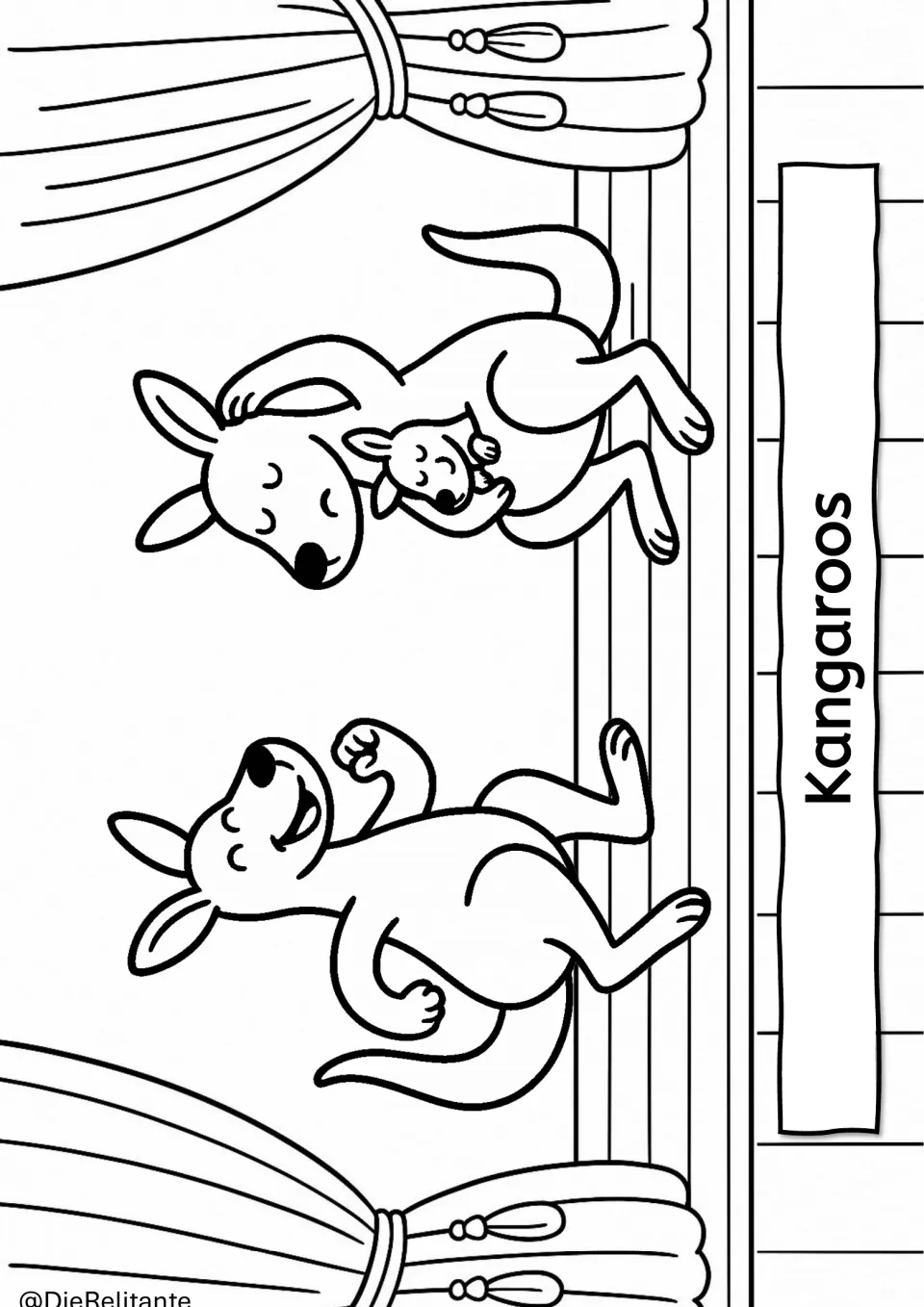 Kangaroos coloring page: two cartoon kangaroos hop on stage, one with a joey in its pouch, for students to color