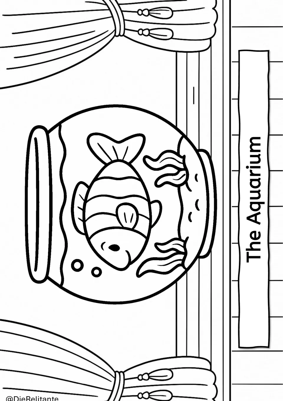 The Aquarium coloring page: a striped fish swims in a round fishbowl with bubbles and water plants to color