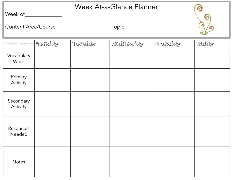 Weekly planner 2 of 10: Monday–Friday vocabulary, primary and secondary activities, resources, and notes.