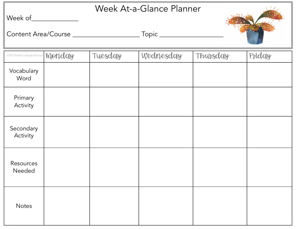 Weekly planner 3 of 10: Monday–Friday vocabulary, primary and secondary activities, resources, and notes.