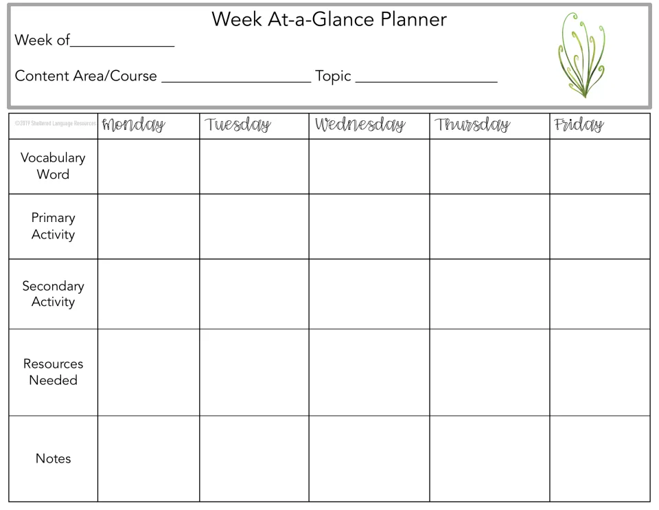 Weekly planner 4 of 10: Monday–Friday vocabulary, primary and secondary activities, resources, and notes.